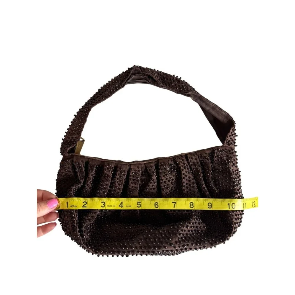 70s Brown Beaded‎ Shoulder Bag With Zipper Closure